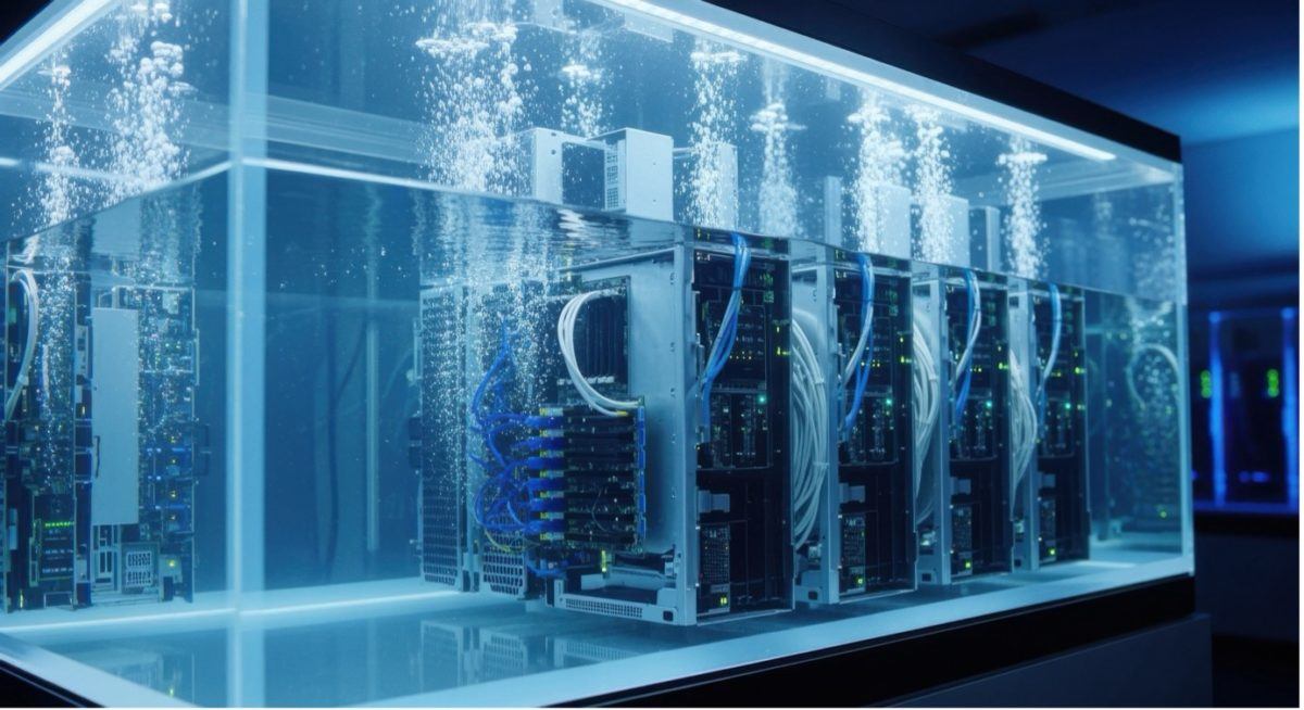 Figure 2: An AI-generated image of a transparent immersion cooling tank filled with servers.